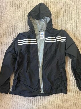 Adidas Black Hooded Jacket with White Three-Stripes